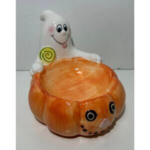 Halloween Ghost Pumpkin Bowl Ceramic Candy Dish Palm Tree Co 7” Vintage
